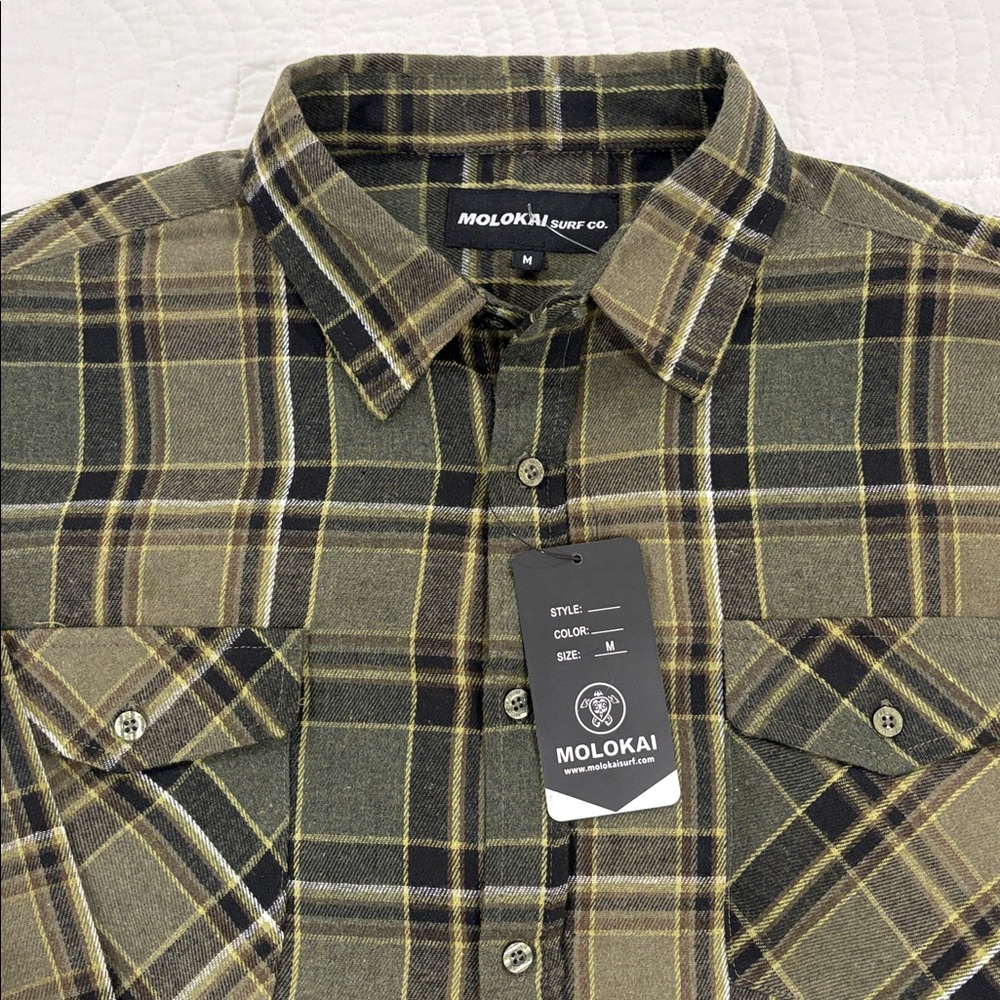 NWT MoLokai Surf Men's Olive and Black Plaid Shirt sz Md - Picture 3 of 3